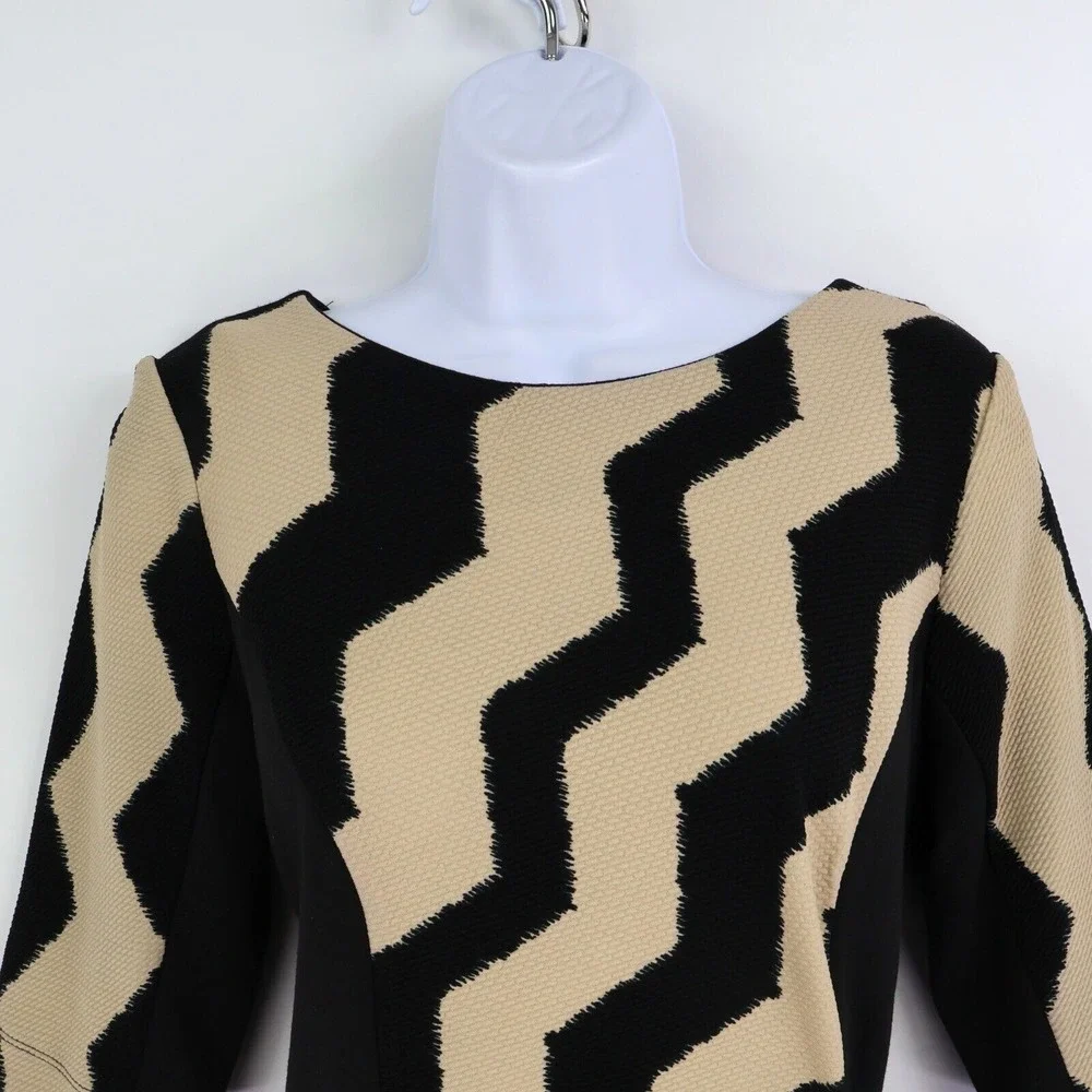 Julian Taylor‎ New York Pencil Dress Womens 10 Black Beige Geometric Ruched Side